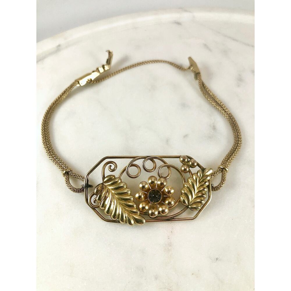 Gold 1930's Pendant Bracelet, Blue stone, Vintage Watchband - Picture 3 of 7